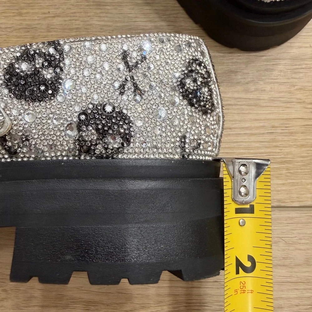 Betsey Johnson Rico Skull Rhinestone Platform Mary Jane Shoes Silver Goth Bling